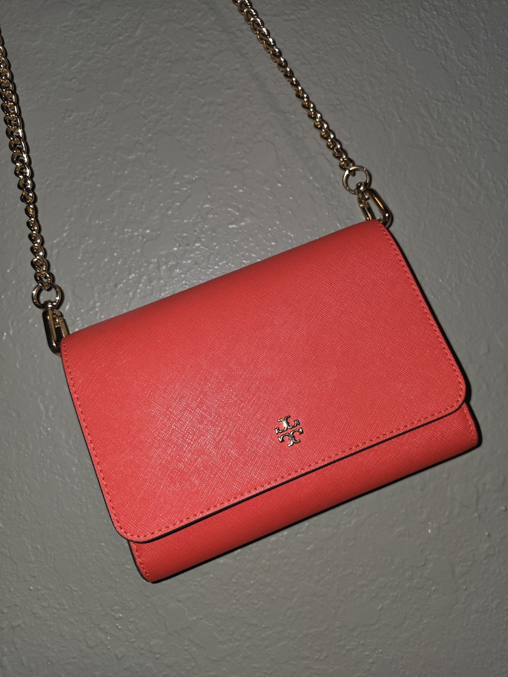 Tory Burch Coral-Red Crossbody with Gold Chain